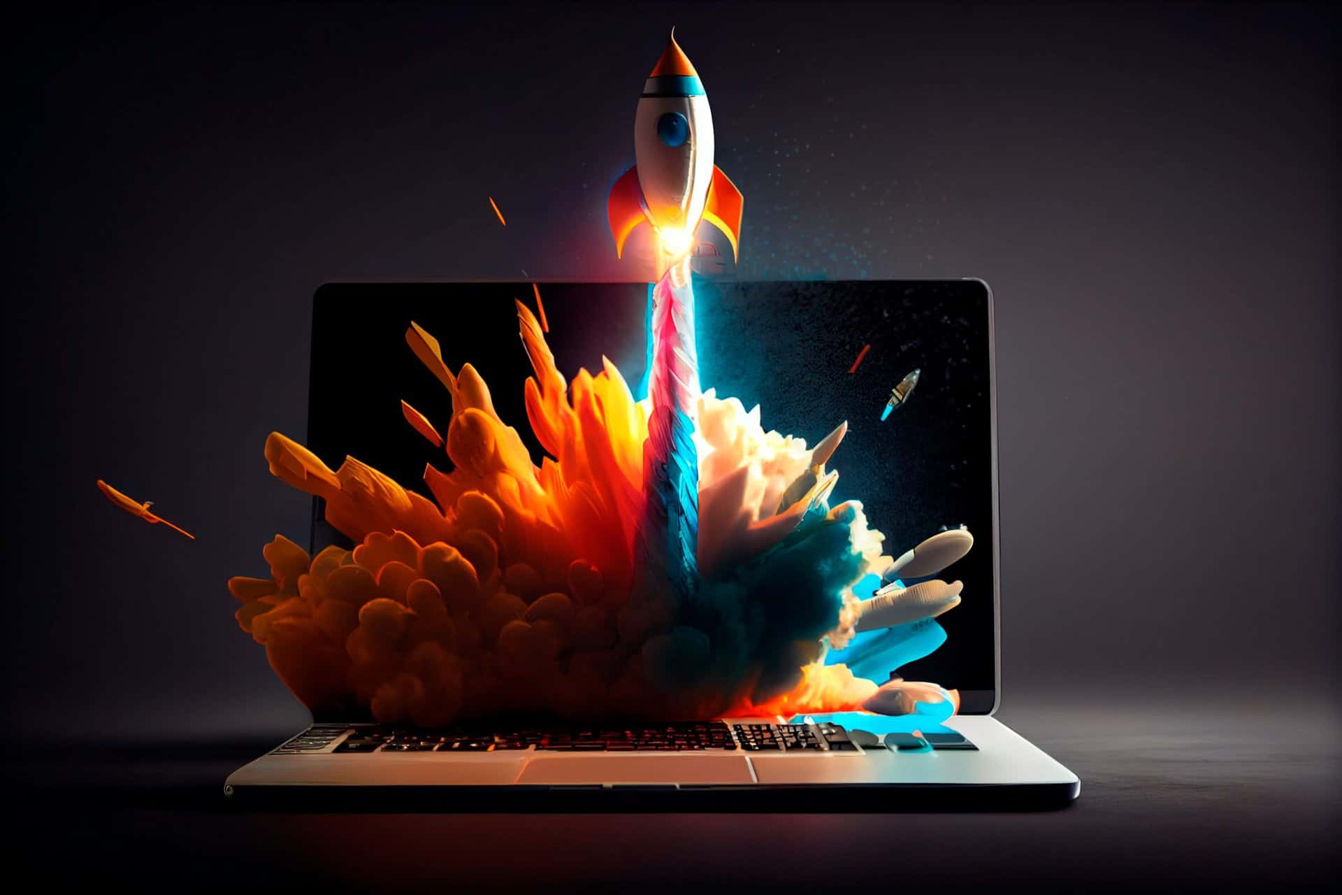 Laptop With A Rocket Taking Off. Concept Of Earning Money Online